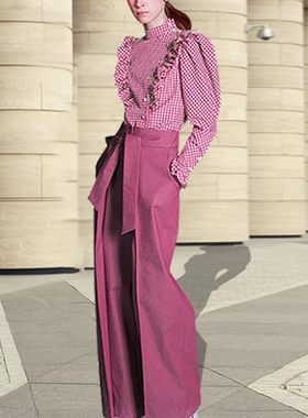 时尚高端阔腿裤套装女高腰气质2024年新款春秋格子衬衫休闲两件套