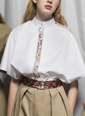 时尚夏季女士衬衫立领宽松中国风白色五分袖衬衣花边显瘦雪纺衫