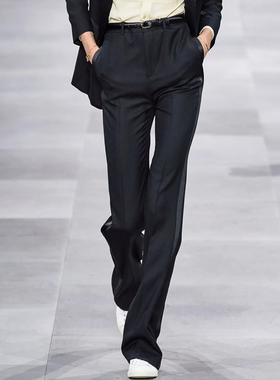 欧版新款夏季女士裤子高腰垂坠显瘦直筒锥形裤休闲职业黑色西装裤