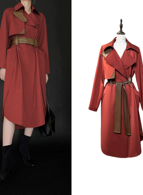 欧版高级设计金属挂钩帅气皮质红色风衣女秋冬中长款英伦风外套女