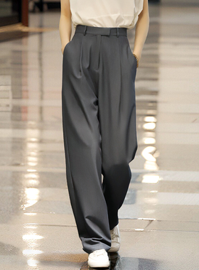 美式灰色高颜值新款阔版高腰休闲裤女气质垂感宽松显瘦直筒西装裤