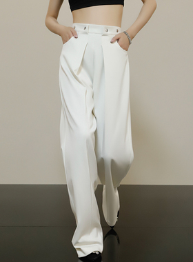 欧货职业西装阔腿裤女高腰新款春秋白色垂感直筒休闲西裤ol
