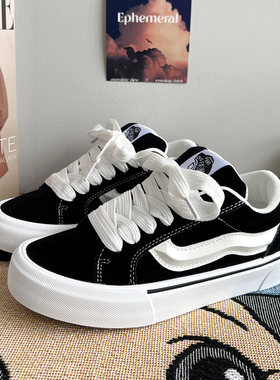 厚底帆布鞋男士休闲黑色鞋子男鞋 ins冬季新款情侣女板鞋美式高街