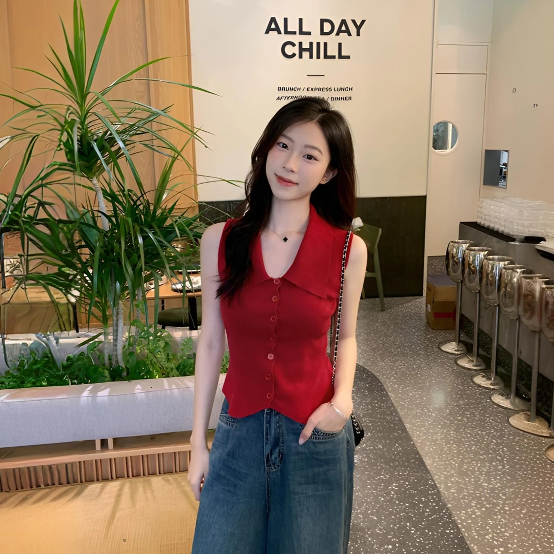 法式复古红色polo领无袖针织短袖t恤女夏季修身显瘦绝美别致上衣