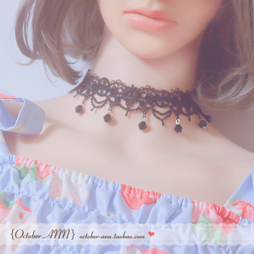 蕾丝系带锁骨项链饰品女人造水晶
