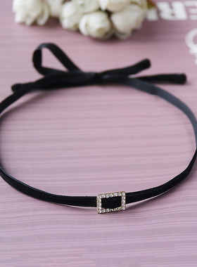 长度75CM黑色带钻扣手绑蝴蝶结项圈choker颈带手绳简约高级感脖饰