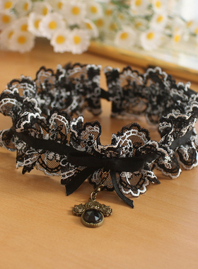 黑色蕾丝花边choker项圈吊坠系带款式朋克复古哥特风cos颈饰项链