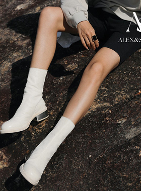 ALEXSARA guid788zi秋冬新款不锈钢金属跟马皮后拉链水洗固特异靴