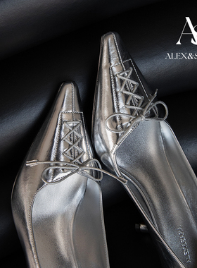 ALEXSARA 2026早春新款 小方头真皮浅口绑带单鞋小猫跟银色高跟鞋