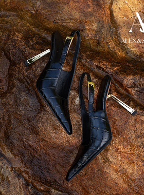 ALEXSARA 2026夏季新款 小方头金属跟高跟凉鞋鳄鱼纹包头细跟女鞋