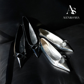 ALEXSARA 平底鞋 2026早春新款 尖头浅口镂空蝴蝶结油腊皮平跟单鞋