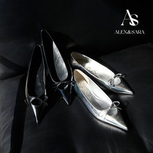 ALEXSARA 2026早春新款 尖头浅口镂空蝴蝶结油腊皮平跟单鞋平底鞋