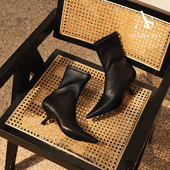 ALEXSARA原创设计 2026早春新款 方头猫跟弹力瘦瘦靴真皮中跟短靴