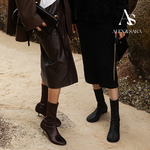 ALEXSARA原创设计 圆头矮跟弹力真丝瘦瘦靴短筒靴子 2025早秋新款