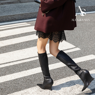 ALEXSARA 2026早春新款 尖头坡跟弹力高筒包腿靴长筒靴高跟短靴子