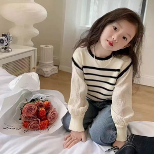爆款女童春装针织衫儿童假二件朝流上衣洋气公主风条纹百搭毛衣