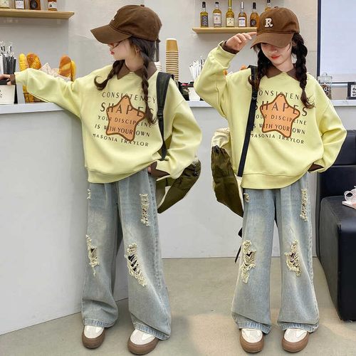 24秋季女童宽松休闲翻领卫衣中大童洋气时尚长袖上衣圆领套头T恤