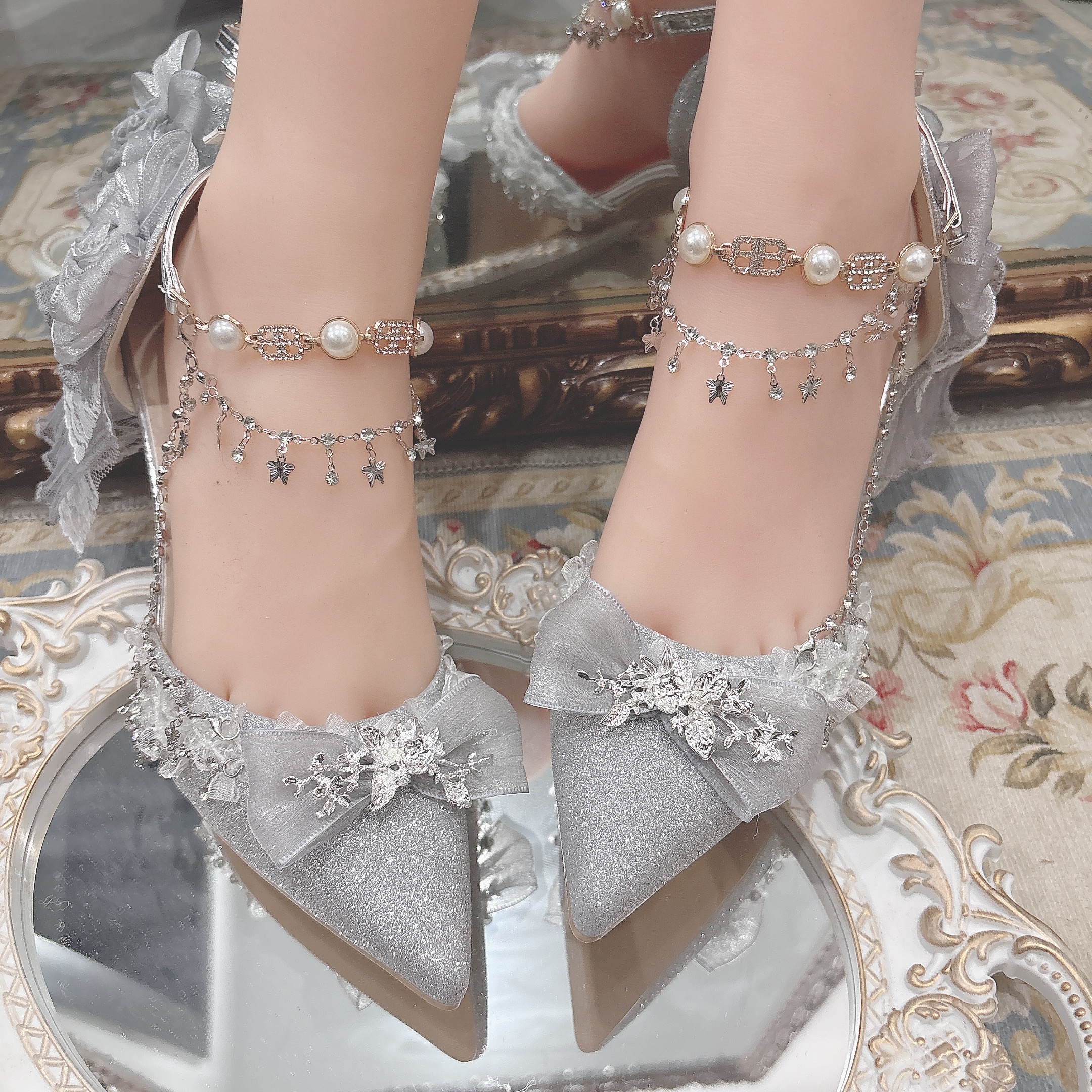 Lolita高跟鞋成人礼银色细闪水晶婚鞋华丽花嫁lo鞋洛丽塔银色女鞋