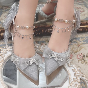 Lolita高跟鞋成人礼银色细闪水晶婚鞋华丽花嫁lo鞋洛丽塔银色女鞋