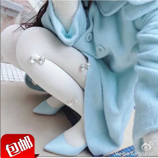 手工珍珠水晶蝴蝶结超闪烫钻防勾丝袜女日系白色提花连裤袜中厚