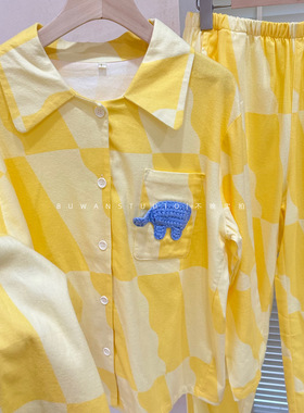 可爱小象！日系简约暖黄色刺绣纯棉磨毛长袖睡衣家居服
