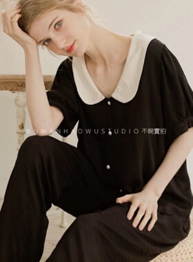超舒服外贸|法式简约娃娃领黑白撞色泡泡袖人棉贡缎家居服睡衣