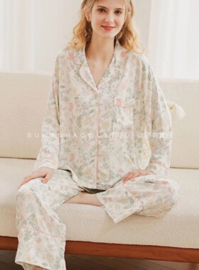 超舒服外贸|莫奈花园碎花蓝色人棉贡缎清新翻领家居服睡衣