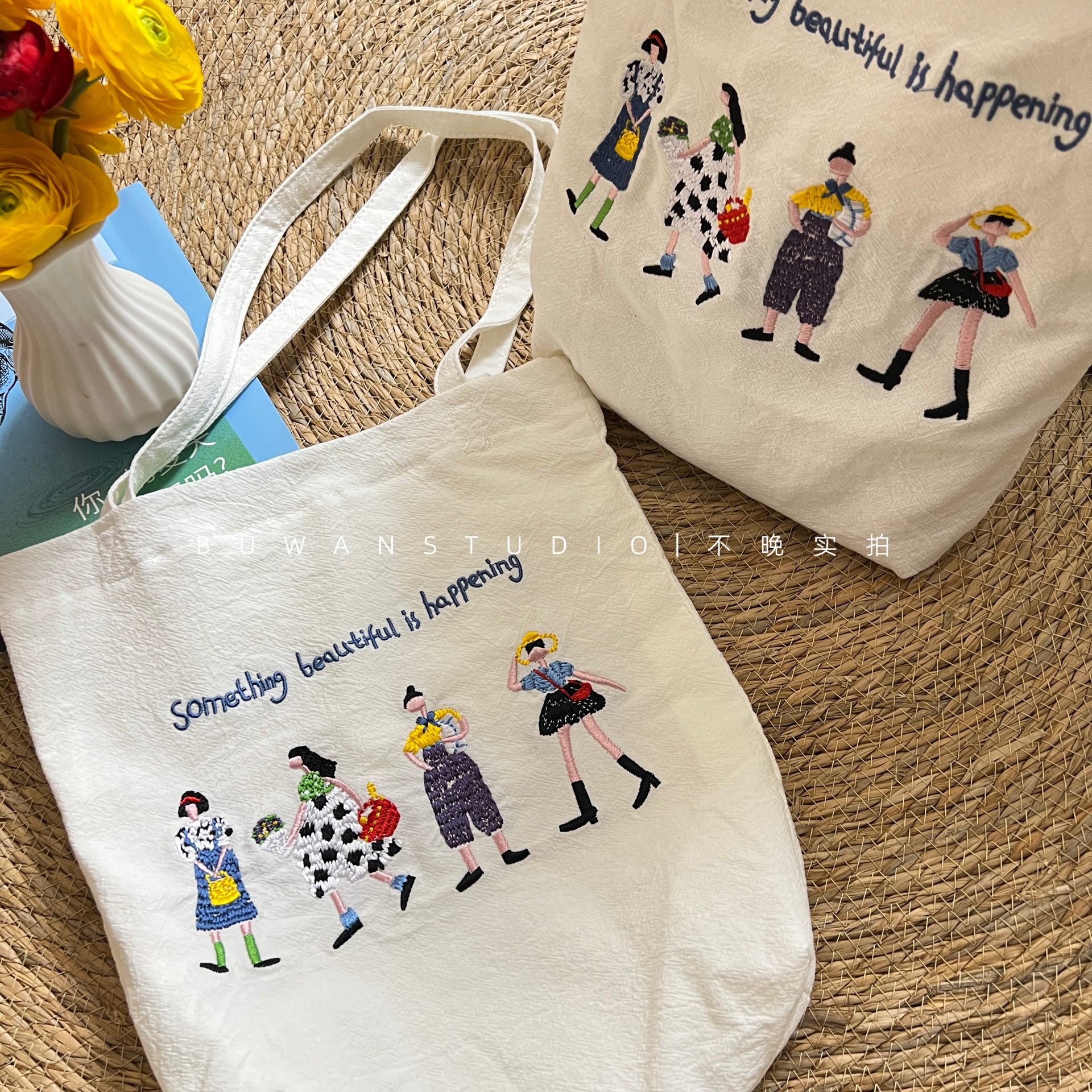 法式通勤文艺刺绣单肩包包布袋