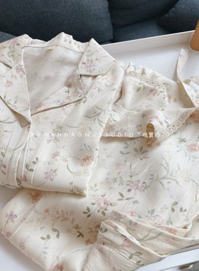 舒服到没谁了|外贸人棉贡缎碎花田园清新米色短袖短裤睡衣家居服