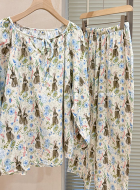 出岛国实力工厂|复古森系兔子家居服全棉纱布系带无领春夏睡衣