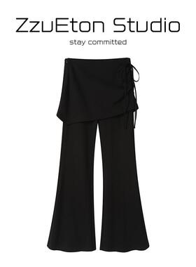 VQ设计感休闲阔腿裤女春季2025新款抽绳假两件高腰垂感直筒裤裙裤