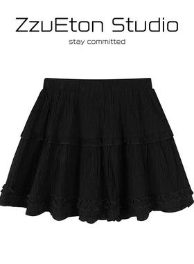 MOLORDA篷篷短裙女半身裙夏季2025新款松紧腰黑色a字蛋糕裙防走光