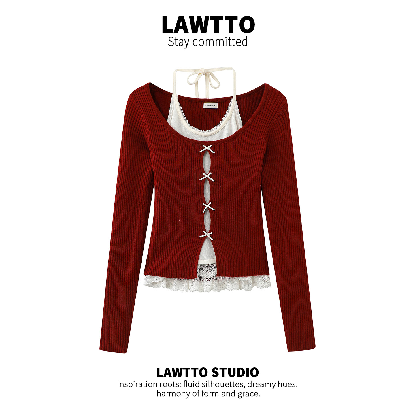 纯欲甜辣蕾丝假两件挂脖针织衫女