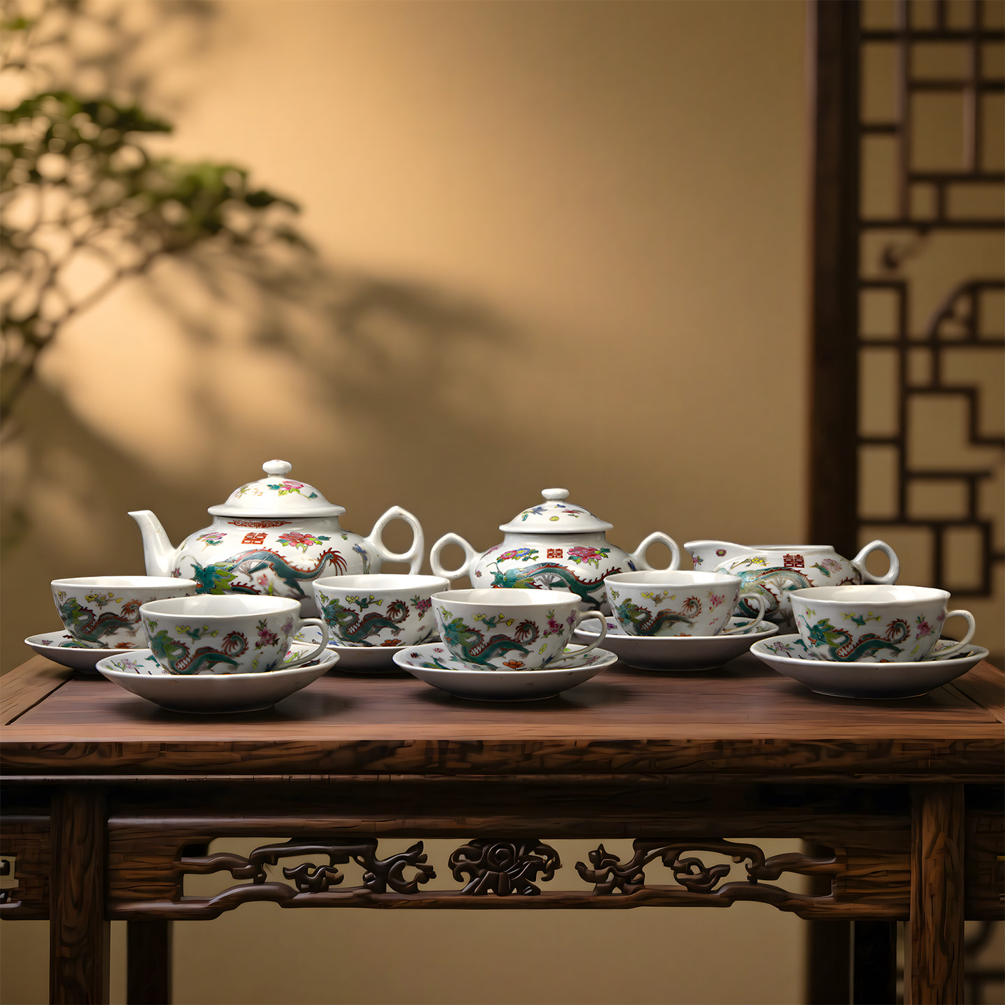 景德镇567瓷老厂货瓷创汇回流瓷器粉彩龙凤双喜十五头咖啡具茶具