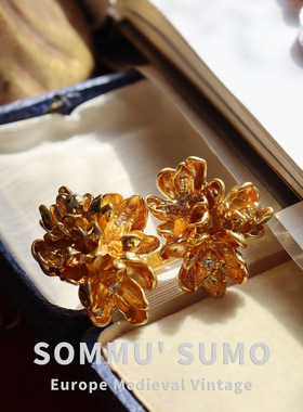 雕花开口双生花复古金指环