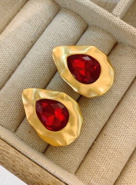 「复古港姐」中古vintage耳钉级做旧哑金红色石水滴银针耳钉