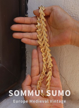 中古Vintage素金项链颈链 手链套装18K温金电镀手工链重工复古