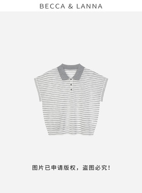 【朵姐臻选】D0244休闲简约撞色Polo领条纹小飞袖针织衫