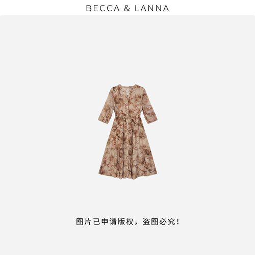 朵姐甄选D0048中式桑蚕丝双绉拼接乔其纱V领收腰连衣裙女装