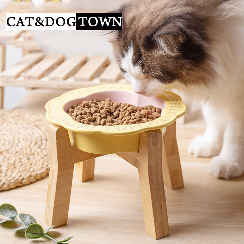日本猫咪陶瓷碗高脚木架保护颈椎