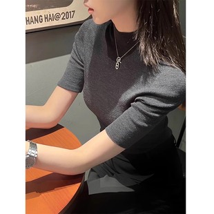 T恤女修身 2026春夏装 新款 半高圆领纯色简约五分袖 针织上衣女 薄款
