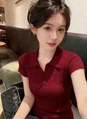 设计感polo领单扣针织短袖女夏季洋气红色显瘦薄款高级感修身上衣