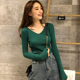 女秋冬季 2025新款 内搭修身 打底衫 秋季 V领毛衣针织高级感绿色上衣