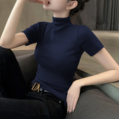 T恤女针织半高领打底衫 内搭春夏季 洋气韩系修身 黑色短袖 半袖 上衣