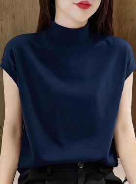 夏季新款半高领短袖针织衫女宽松显瘦洋气内搭藏蓝色休闲百搭上衣