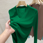 打底衫 欧货V领针织上衣女别致绿色秋季 洋气 秋装 薄款 小衫 2025新款