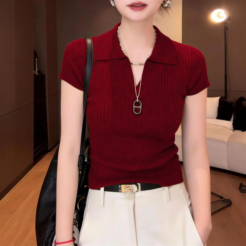 坑条翻领针织短袖t恤女2026春秋新款高级感气质短款安哥拉红上衣
