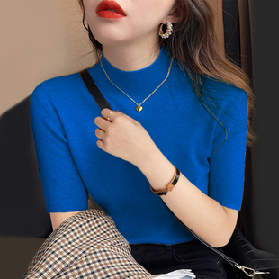 克莱因蓝半高领五分袖t恤女高级感半袖针织早秋小立领打底衫上衣