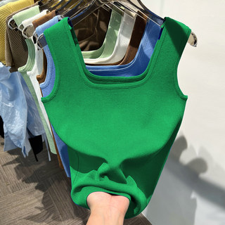 绿色高级感方领针织背心修身小心机上衣女2024夏季新款冰丝打底衫