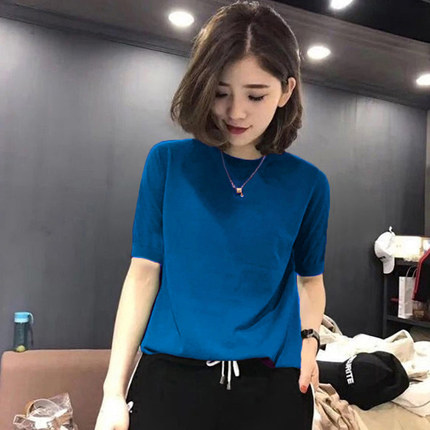 冰丝针织衫女早秋薄款中袖2025新款半高领五分袖打底衫女蓝色上衣